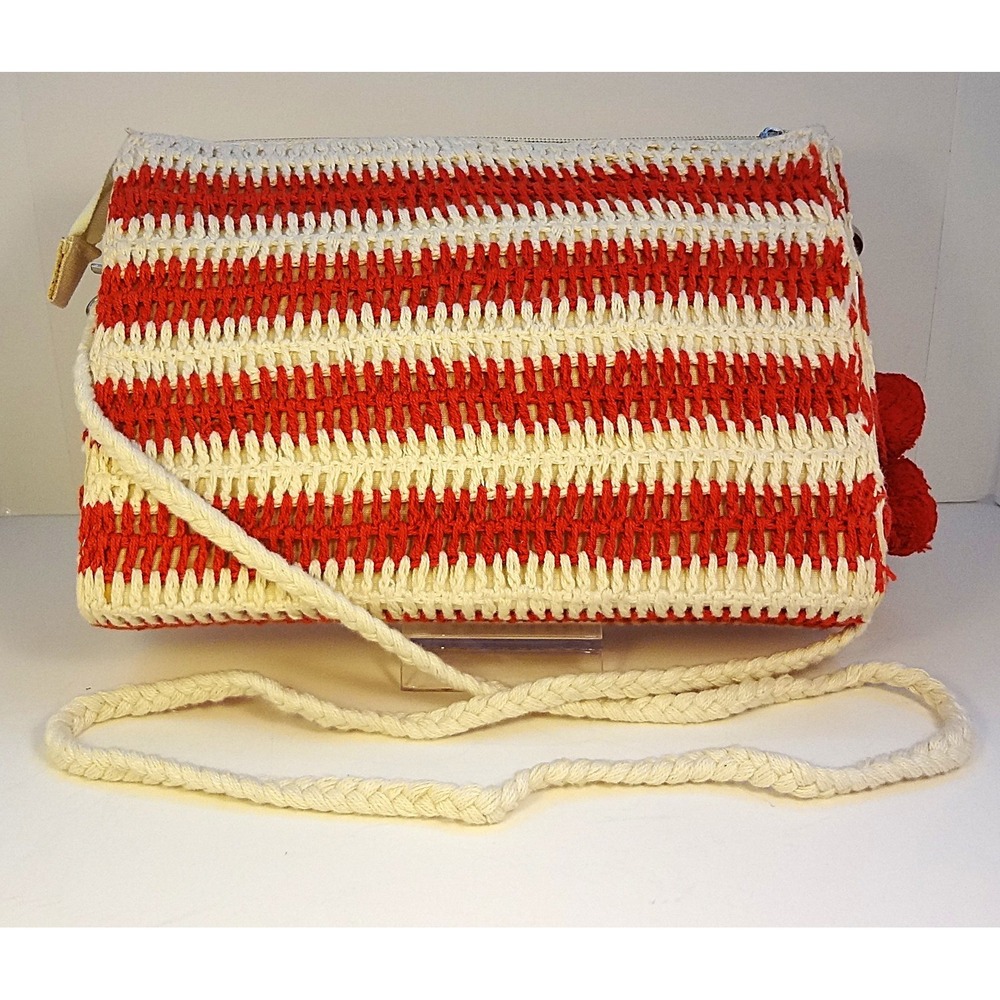 Red Striped Woven Crochet Crossbody Bag Purse with‎ Pom Poms Zipper Closure NWT - Picture 5 of 7